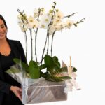 Arranjo Premium de Phalaenopsis Brancas com oito hastes florais em base de vidro, produzido pela Flora Santa Clara.