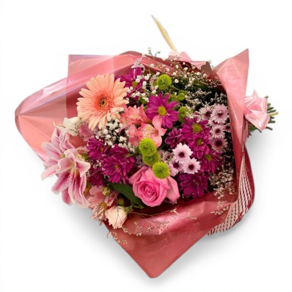Variação do Buquê de Flores do Campo Rosado com flores naturais e embalagem para presente