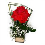 Cachepot de Rosa Colombiana Vermelha com chuva de prata e folhagens