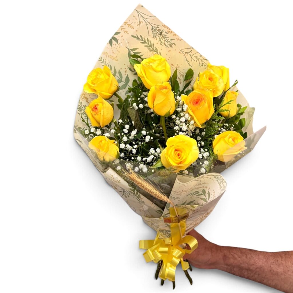 Buquê de rosas nacionais amarelas completo sendo segurado sobre fundo branco