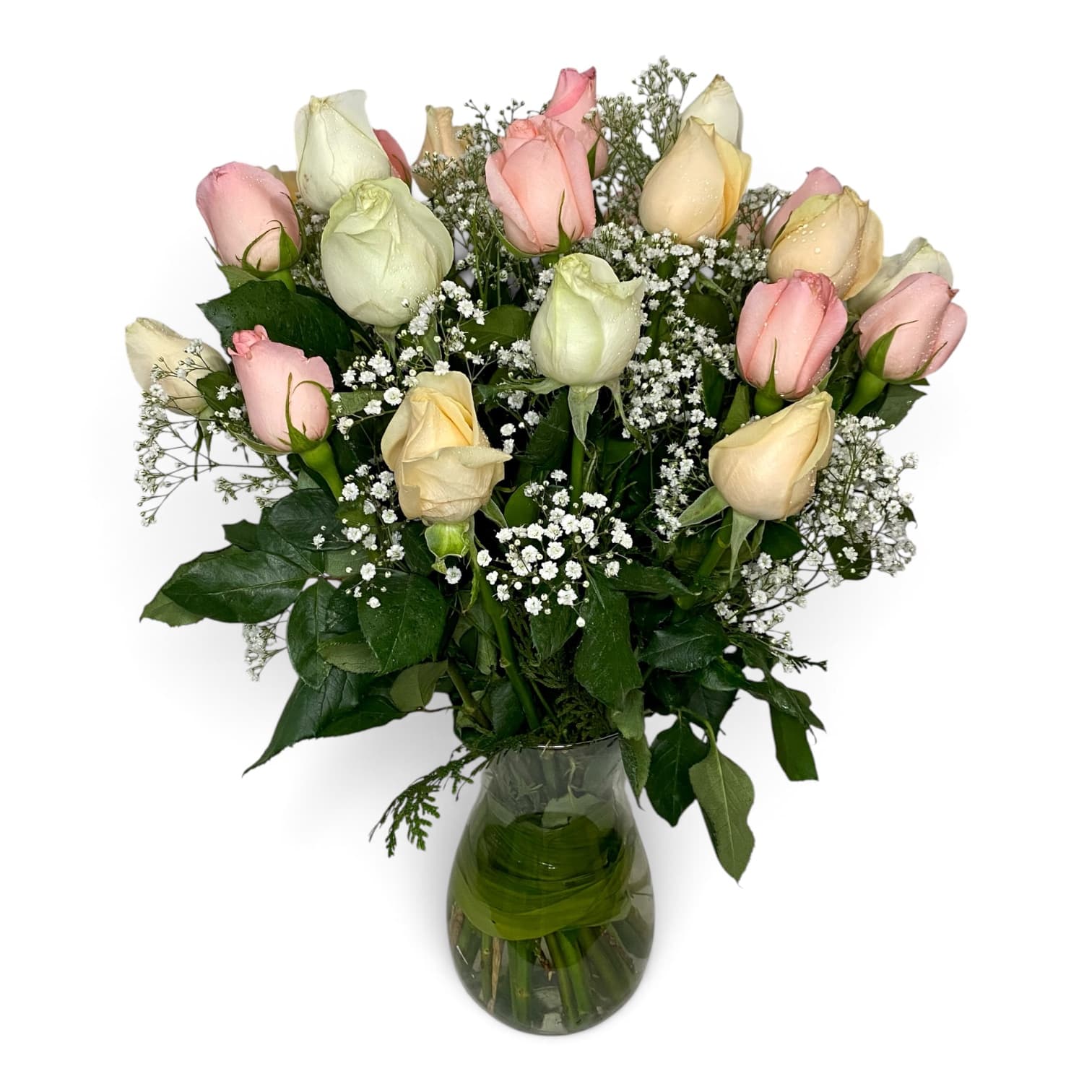 Buquê Delicadeza Rosa no Vaso de Vidro – Vista Completa Buquê Delicadeza Rosa com 24 rosas nacionais em tons pastel no vaso de vidro