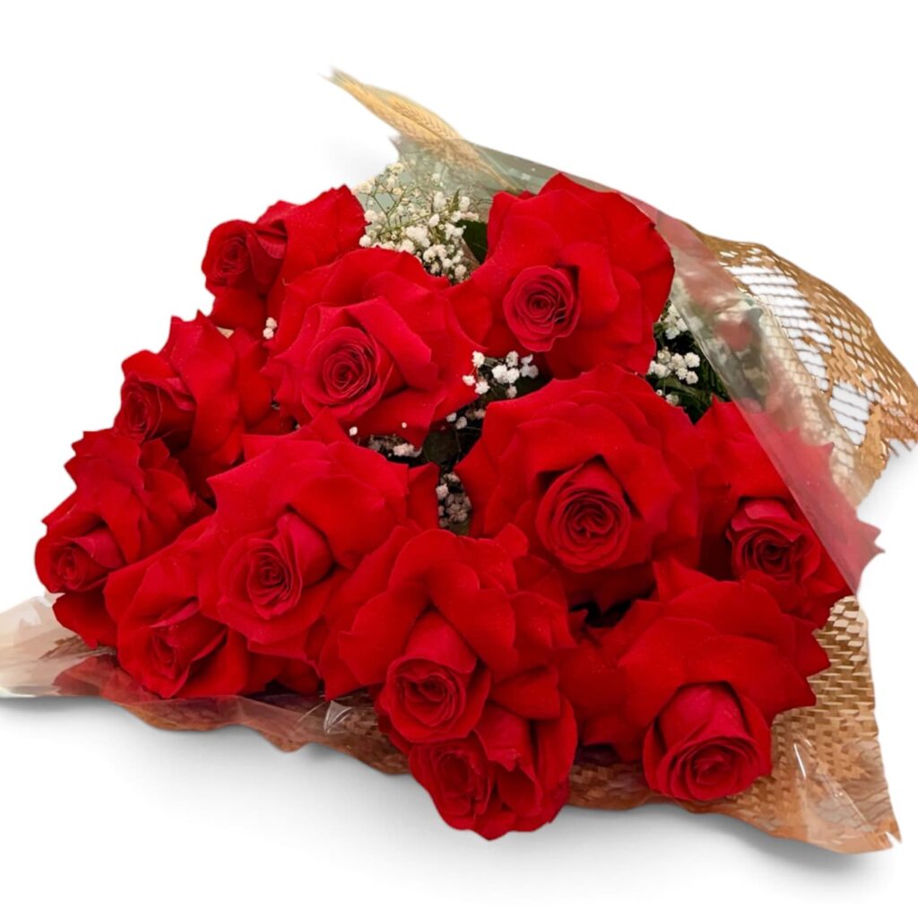 Detalhe das 12 rosas colombianas vermelhas do buquê