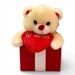 Urso de pelúcia creme na caixa de presente com coração Te amo