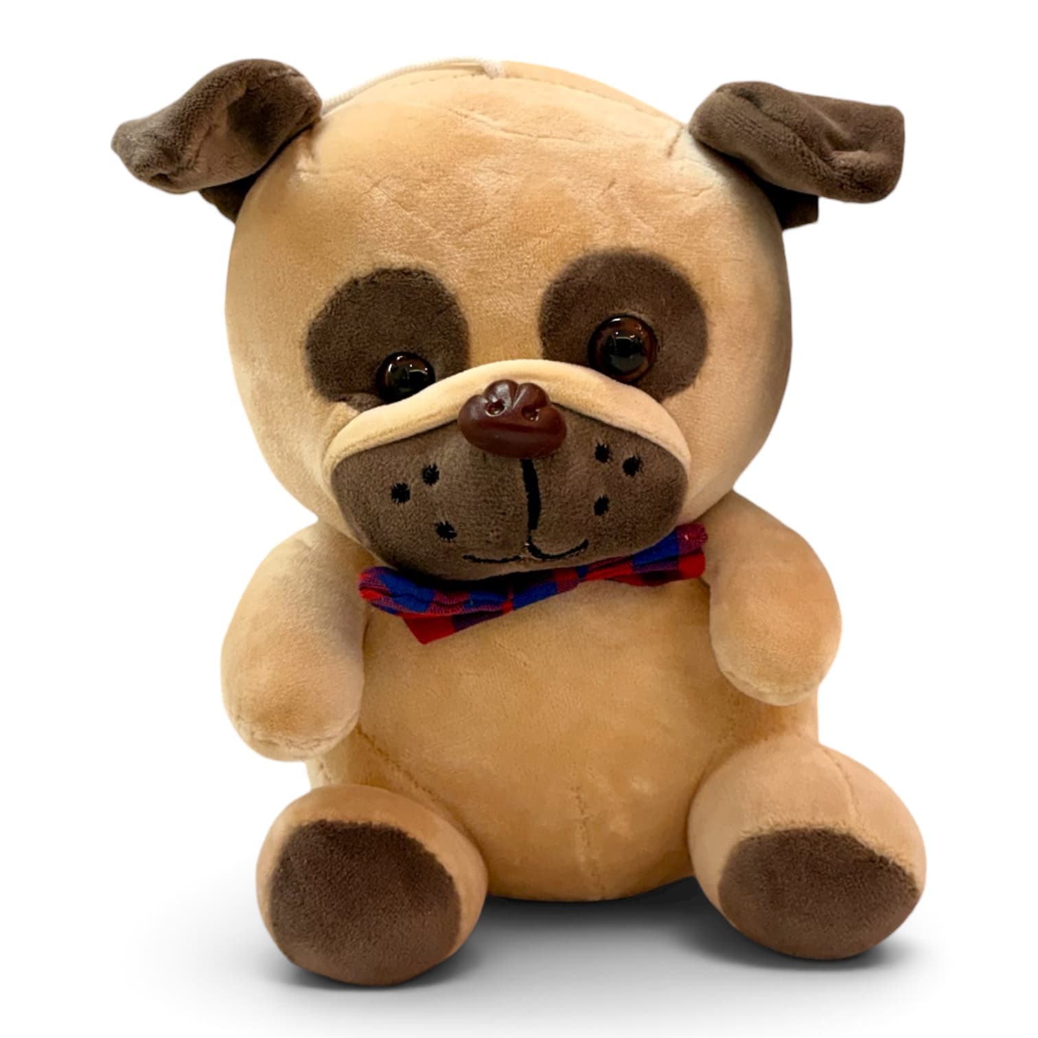 Pug Charmoso de Pelúcia Cachorrinho pug de pelúcia bege de 18 cm com gravata-borboleta colorida