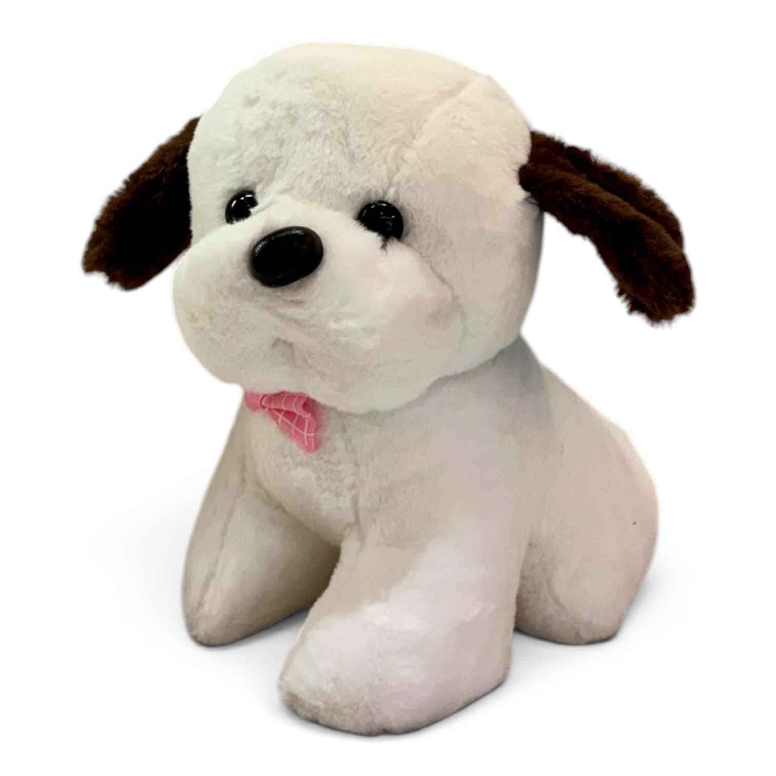 Cachorrinho Carinho com Laço Rosa – 18 cm Cachorrinho de pelúcia claro de 18 cm com orelhas marrons e laço rosa