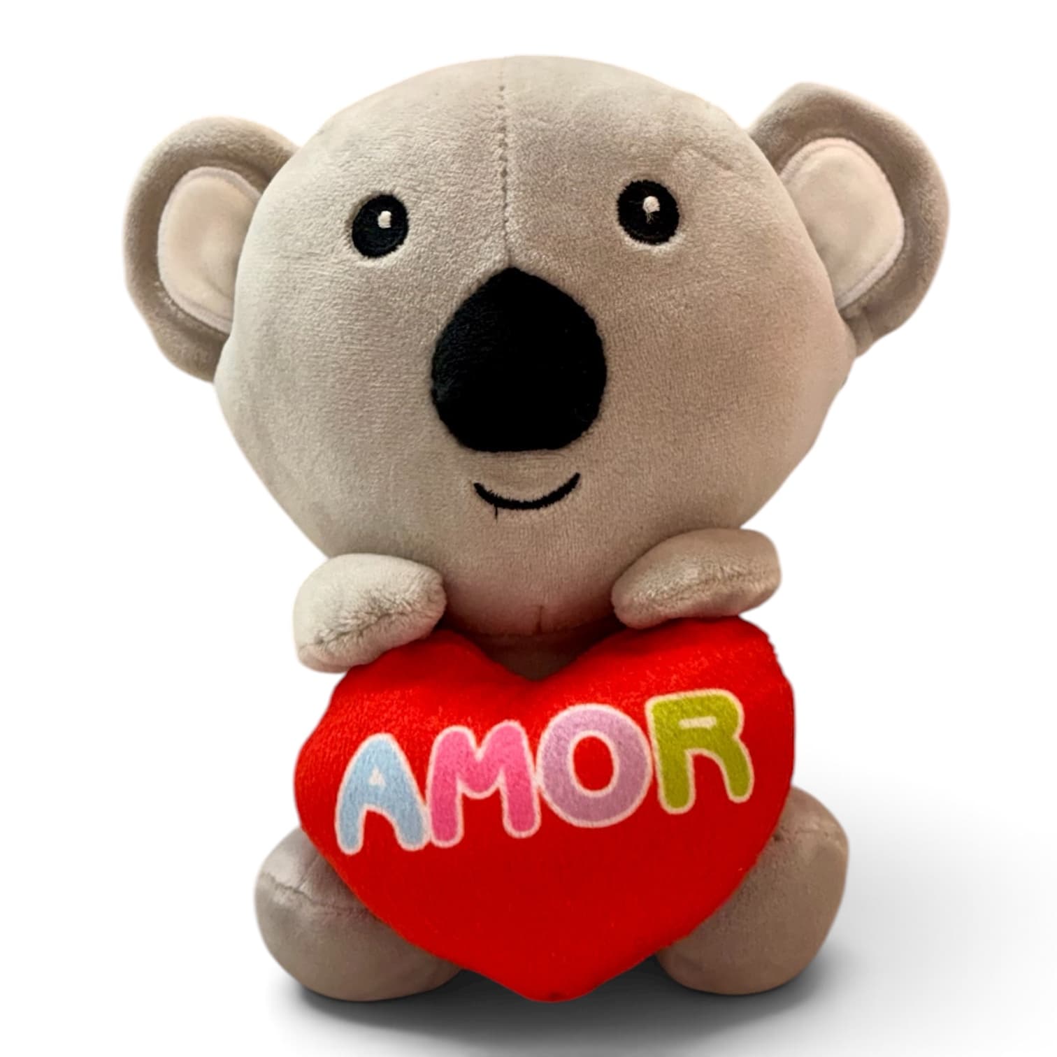 Koala Amor com Coração Koala de pelúcia cinza de 18 cm segurando coração vermelho com a palavra Amor